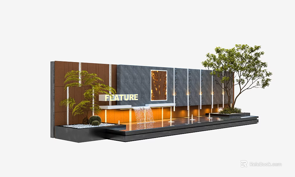 Modern Feature Wall Design With Wood Stone Panels Water Feature Lighting And Plants 3d model 