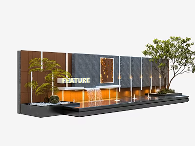 Modern Feature Wall Design With Wood Stone Panels Water Feature Lighting And Plants 3d model