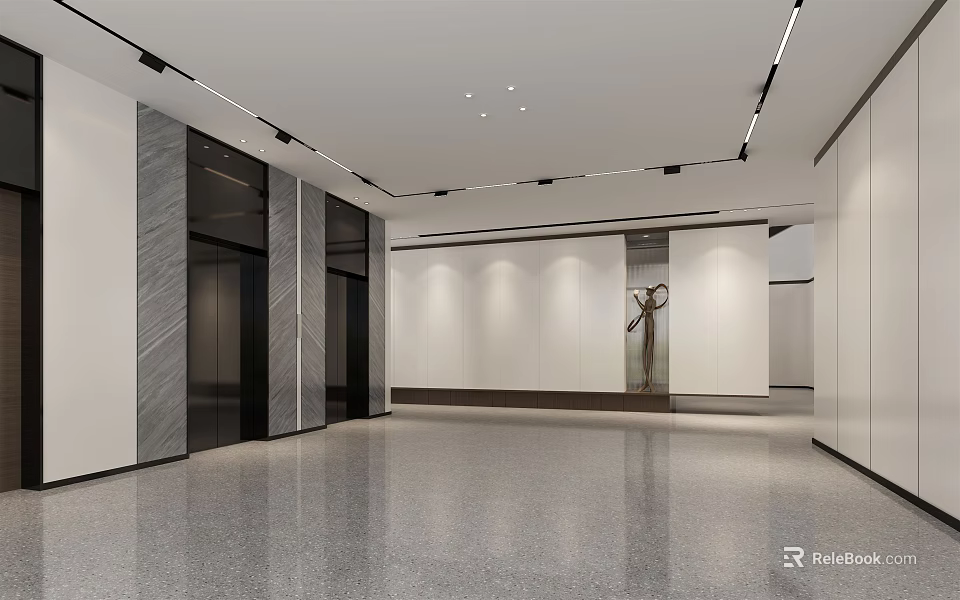 Modern Elevator Lobby Interior Design With Marble Walls Polished Floor And Ceiling Lighting 3d model
