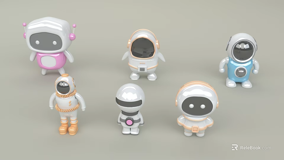 Colorful Robot Astronaut Dolls with Various Helmet Designs and Decorative Features 3d model
