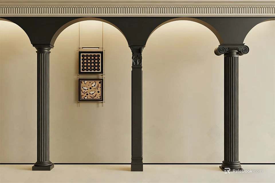 Black Classical Columns With Capitals And Arches In Interior Space With Decorative Paintings 3d model 