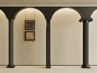 Black Classical Columns With Capitals And Arches In Interior Space With Decorative Paintings 3d model