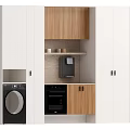 Modern Kitchen Sideboard With White And Wooden Storage Cabinets Oven And Coffee Maker