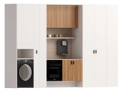 Modern Kitchen Sideboard With White And Wooden Storage Cabinets Oven And Coffee Maker 3d model