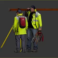 Construction Workers With High Visibility Vests Using Yellow Tripod Surveying Instrument