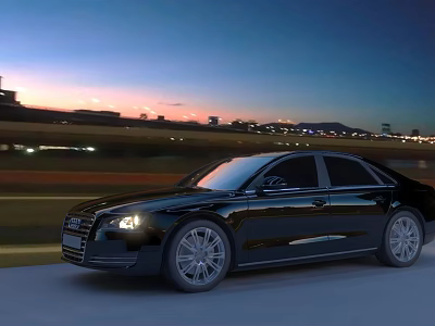 Black Luxury Sedan Driving On Road At Twilight With City Lights Background 3d model