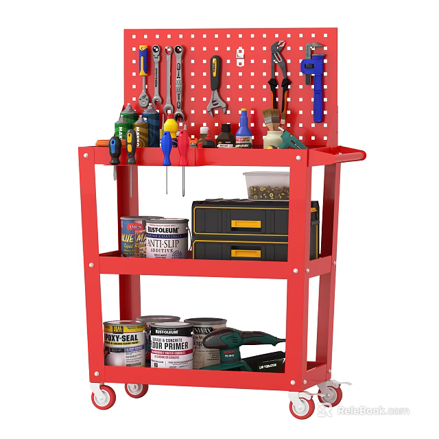 Red Tool Cart With Pegboard Tools Storage Shelves Paint Cans And Wheels 3d model