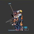 Diverse Professional Figurines Standing With Orange Creature Model On Dark Surface