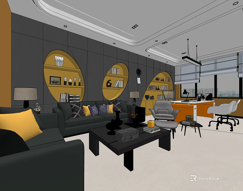 Modern Office Interior With Comfortable Sofa Circular Bookshelves And Work Desks 3d model