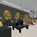 Modern Office Interior With Comfortable Sofa Circular Bookshelves And Work Desks 3d model