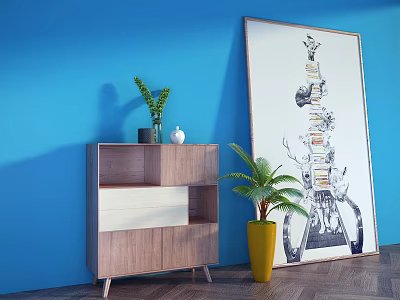 Wooden Console Table with Green Plants and Decorative Painting Against Blue Wall 3d model