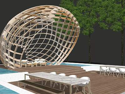 Wooden Lattice Pergola with Swimming Pool and Relaxing Seating Area on Wooden Deck 3d model
