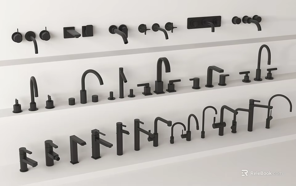 Black Faucets With Various Modern Design Styles For Kitchen And Bathroom Use 3d model