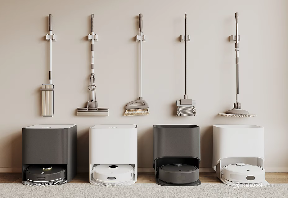Smart Robotic Cleaning Machines With Different Colored Bases And Wall Mounted Tools 3d model 