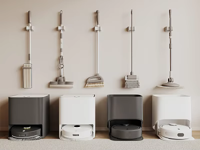 Smart Robotic Cleaning Machines With Different Colored Bases And Wall Mounted Tools 3d model