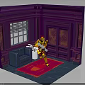 Yellow Armored Character In Purple Room With Sofa Red Carpet And Window