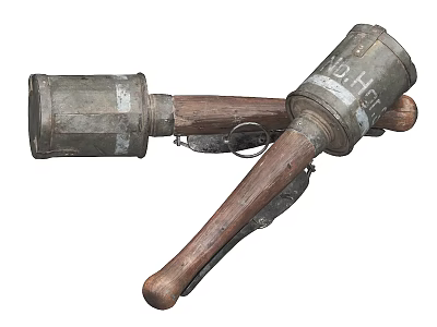 Vintage Explosive Weapons with Metal Casings Wooden Handles and HE Markings Historical Military Ordnance 3d model