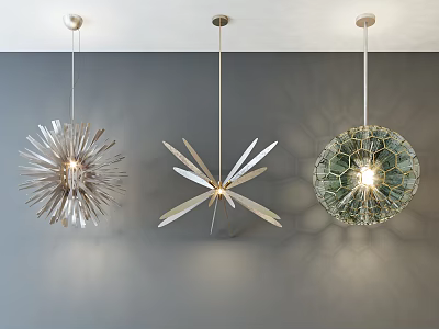 Three Modern Pendant Lights Featuring Spiky Leaf Shaped Honeycomb Textured Green Glass on Gray Wall 3d model
