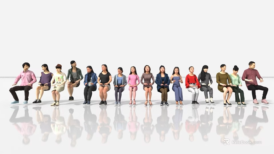 Group of Diverse People Sitting in a Row with Reflections on White Background 3d model 