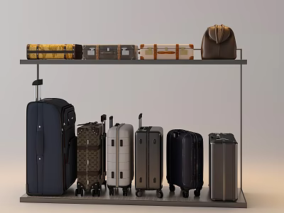 Luggage Display With Various Suitcases On Rack 3d model