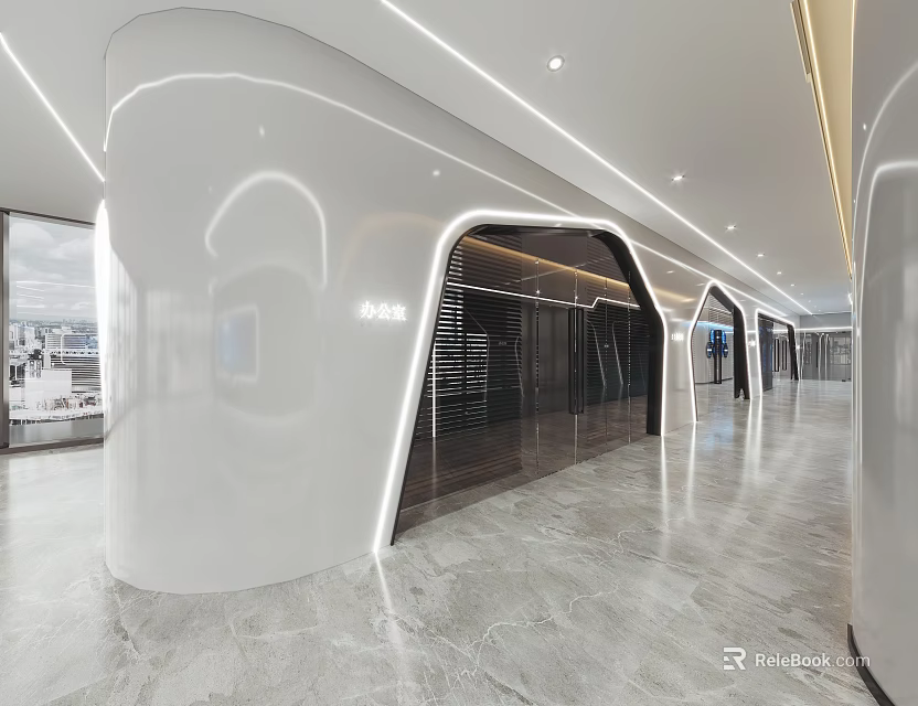 Modern Office Corridor with White Curved Walls Glass Doors Marble Flooring and Lighting Strips 3d model 