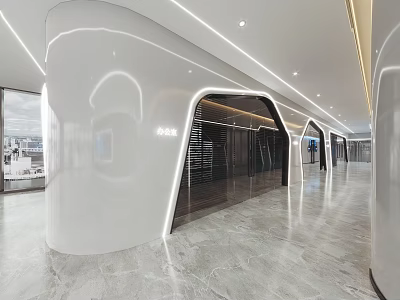 Modern Office Corridor with White Curved Walls Glass Doors Marble Flooring and Lighting Strips 3d model