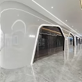 Modern Office Corridor with White Curved Walls Glass Doors Marble Flooring and Lighting Strips