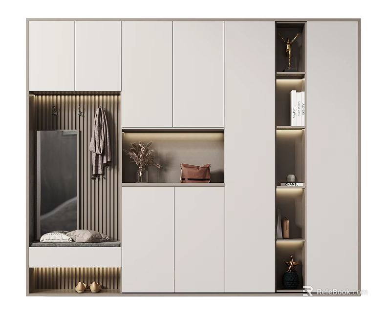 Modern White Shoe Cabinet With Multiple Storage Spaces LED Lighting And Decorative Elements 3d model