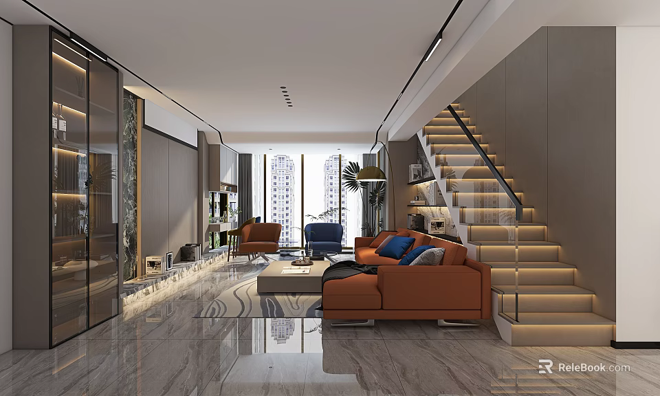Elegant Modern Living Room With Polished Marble Floor Colorful Sofas And Illuminated Staircase Beside Large Windows 3d model 