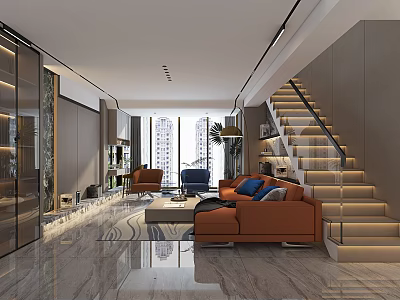Elegant Modern Living Room With Polished Marble Floor Colorful Sofas And Illuminated Staircase Beside Large Windows 3d model