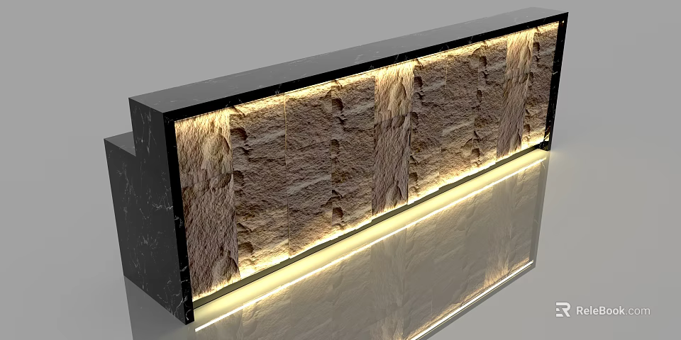 Modern Bar Counter With Stone Wall Panel And LED Strip Lighting On Reflective Floor 3d model