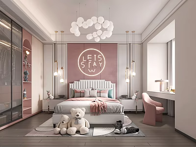 Pink Kids Room Interior Design With LET'S PLAY Sign Round Pendant Lights And Teddy Bears 3d model