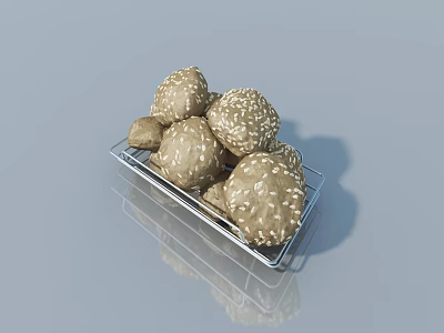 Brown Sesame Balls Placed On Metal Rack With Light Gray Background And Reflection 3d model