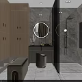 Modern Bathroom Interior Design With Marble Walls Round Mirror And Wooden Cabinets
