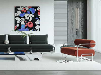 Modern Living Room Interior With Black Sofa Red Armchair And Abstract Wall Art 3d model