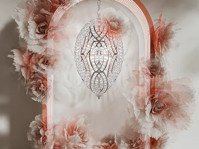 Elegant Art Installation With Pink Flowers Arched Frame And Crystal Chandelier Design 3d model