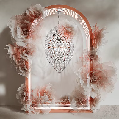 Elegant Art Installation With Pink Flowers Arched Frame And Crystal Chandelier Design 3d model