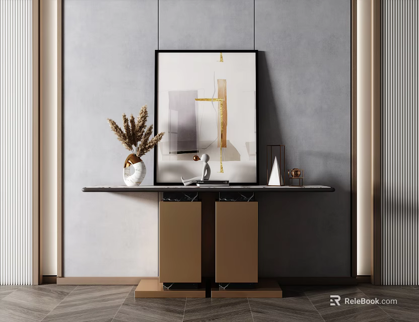 Modern Console Table with Gold Cabinet Marble Top and Gray Wall Artwork 3d model 