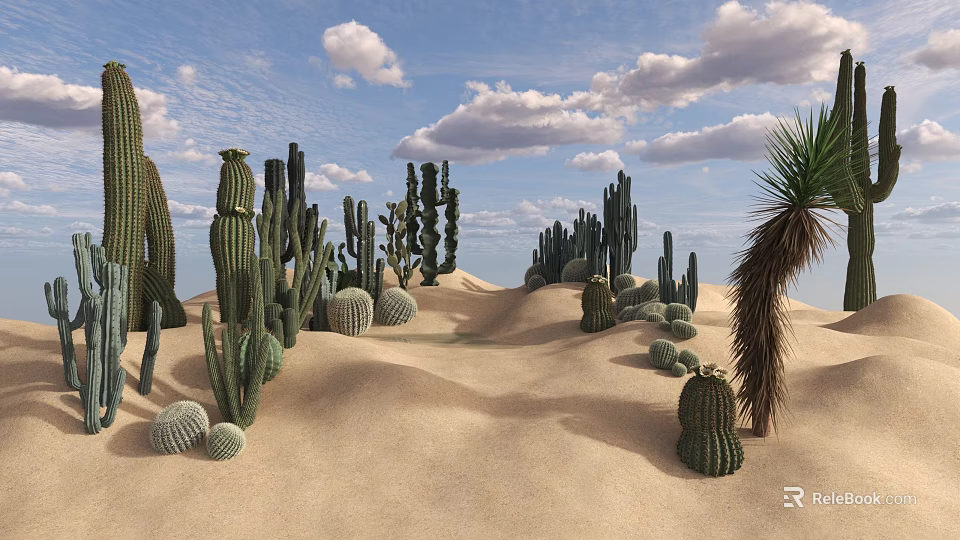 Various Shaped Succulent Cacti Growing in Sandy Desert with Blue Sky and White Clouds 3d model 