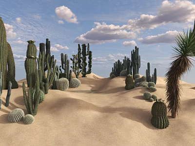 Various Shaped Succulent Cacti Growing in Sandy Desert with Blue Sky and White Clouds 3d model