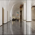 Modern Front Desk Reception Lobby With Chandelier Sculpture Columns And Floor-to-Ceiling Windows