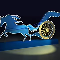 Blue Horse Carriage With Running Horse Golden Wheels And Illuminated Blue Base On Dark Background