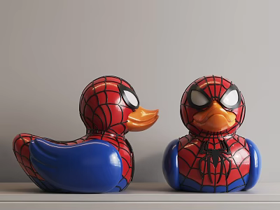 Red And Blue Spider Man Rubber Duck Dolls On White Shelf Against Gray Wall 3d model