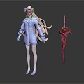 Game Movie Character With Pink Long Hair In Blue Shirt Dress And Red Weapon