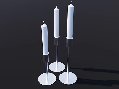 Three White Candles on White Candle Holders Against Black Background 3d model