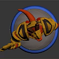 Red Horned Game And Movie Character With Golden Black Armor Holding Spear On Blue Base
