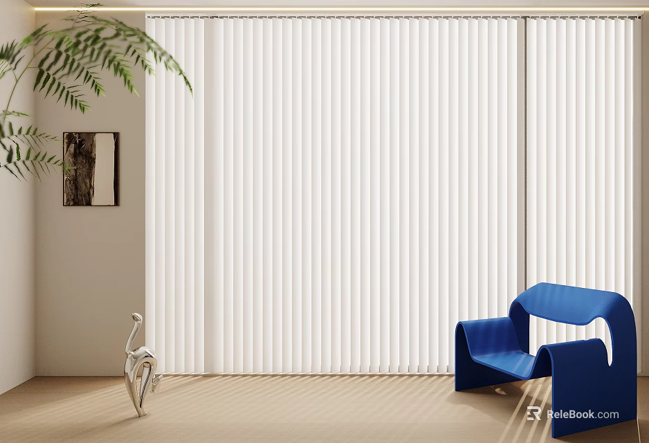 White Vertical Blinds In Minimalist Interior With Blue Chair And Green Plant 3d model 