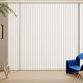 White Vertical Blinds In Minimalist Interior With Blue Chair And Green Plant