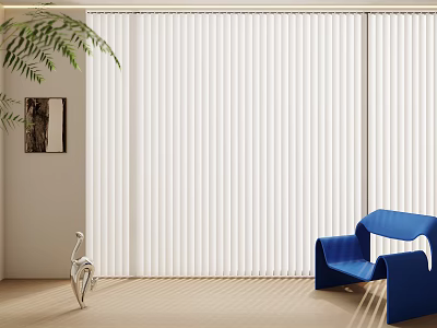 White Vertical Blinds In Minimalist Interior With Blue Chair And Green Plant 3d model