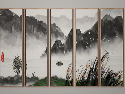 Ink Wash Style Landscape Painting On Five Panel Screen With Mountains Water And Small Boat 3d model